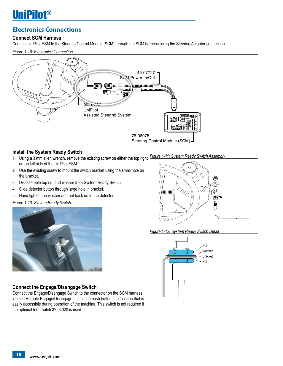 Electronics connections, Connect scm harness, Install the system ready switch | Connect the engage/disengage switch, Unipilot | TeeJet UniPilot User Manual | Page 12 / 20