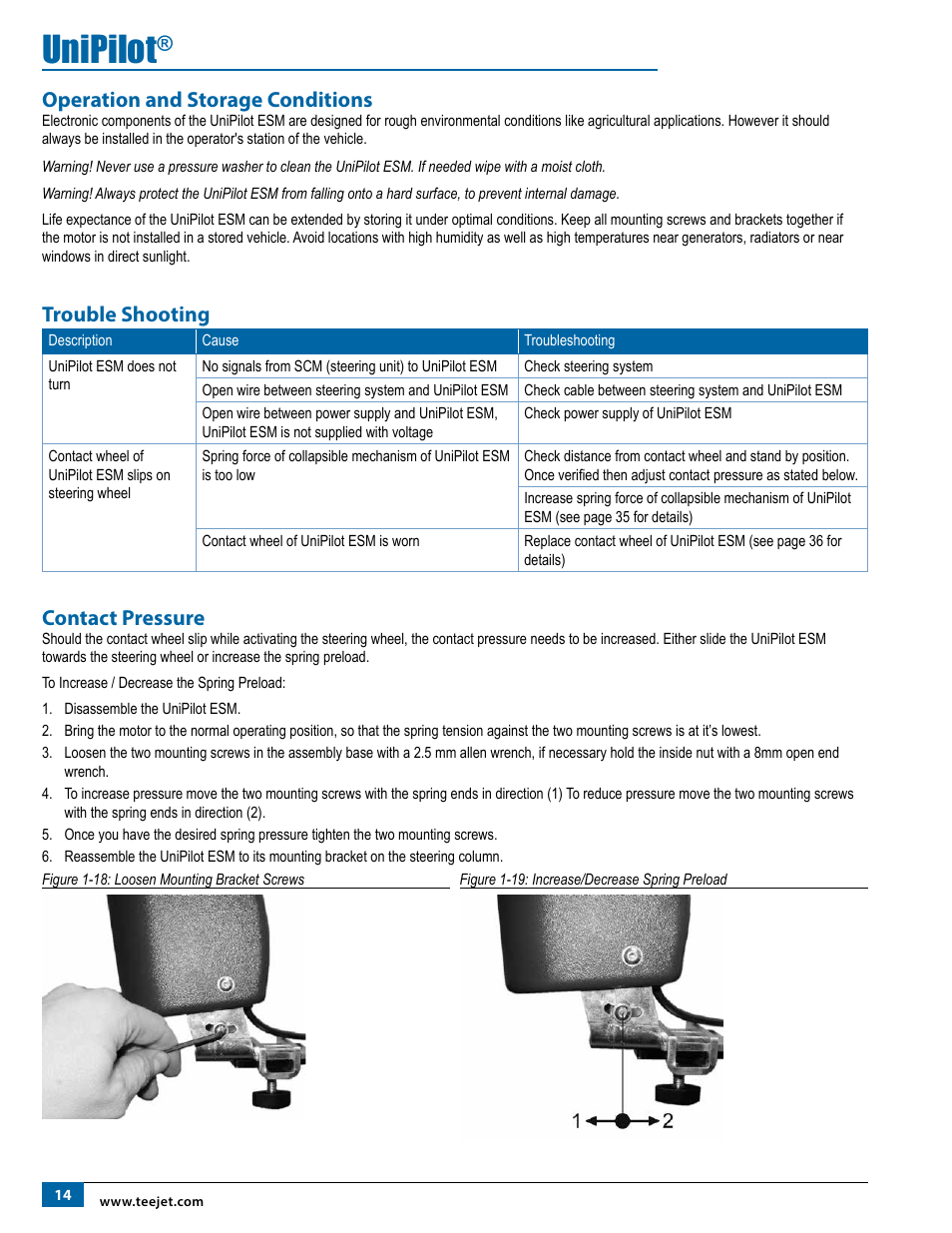 Operation and storage conditions, Trouble shooting, Contact pressure | Unipilot | TeeJet UniPilot User Manual | Page 16 / 20