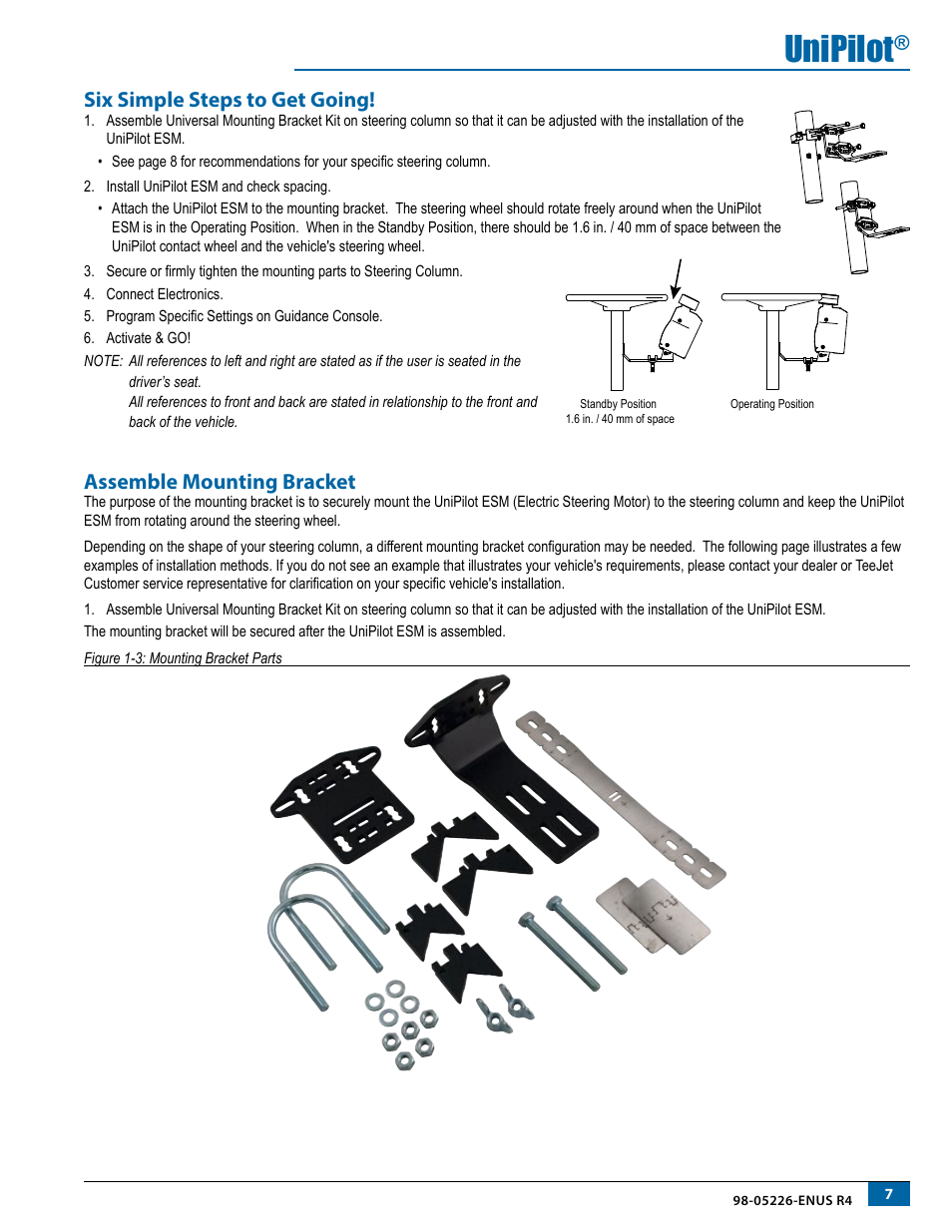 Six simple steps to get going, Assemble mounting bracket, Unipilot | TeeJet UniPilot User Manual | Page 9 / 20