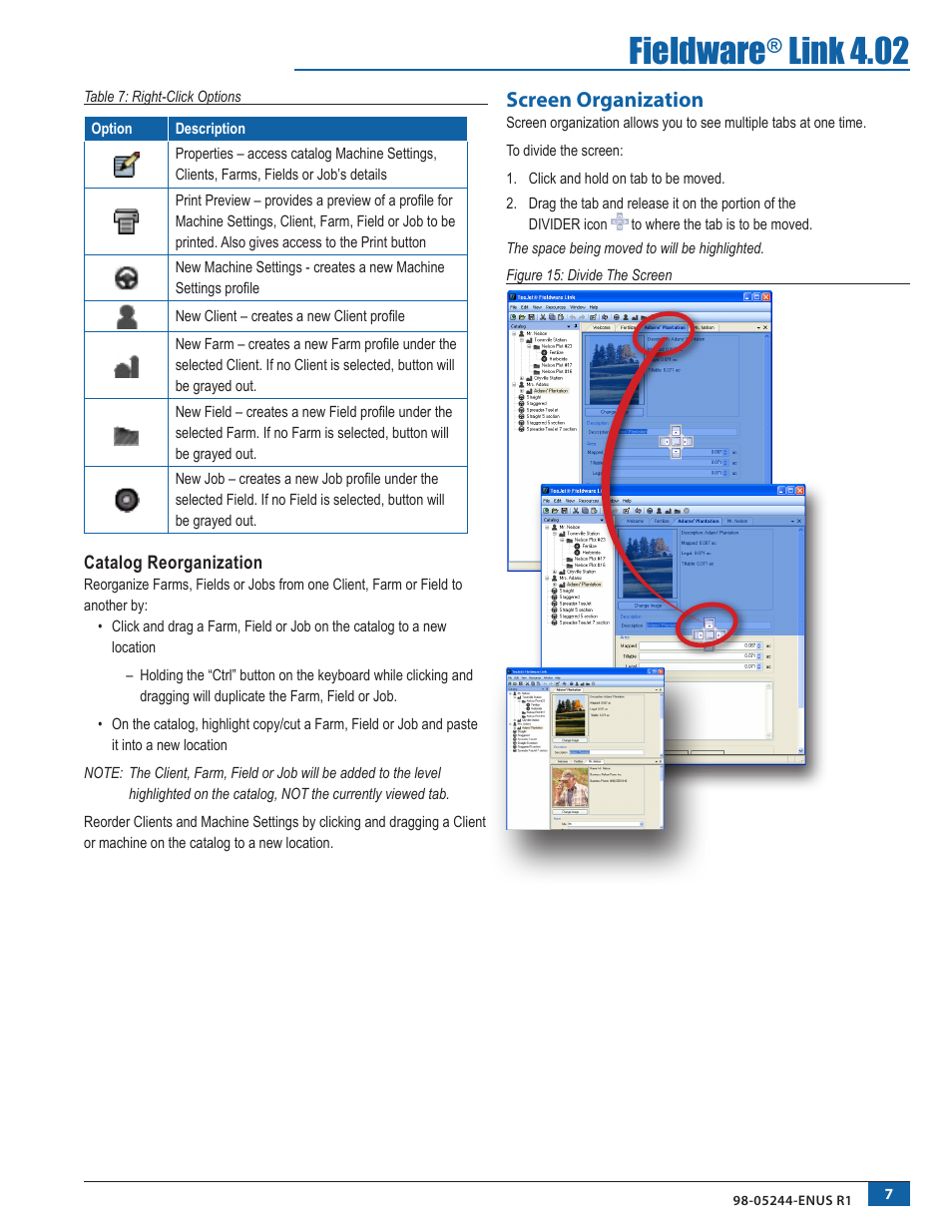 Catalog reorganization, Screen organization, Fieldware | Link 4.02 | TeeJet Fieldware Link User Manual | Page 11 / 36