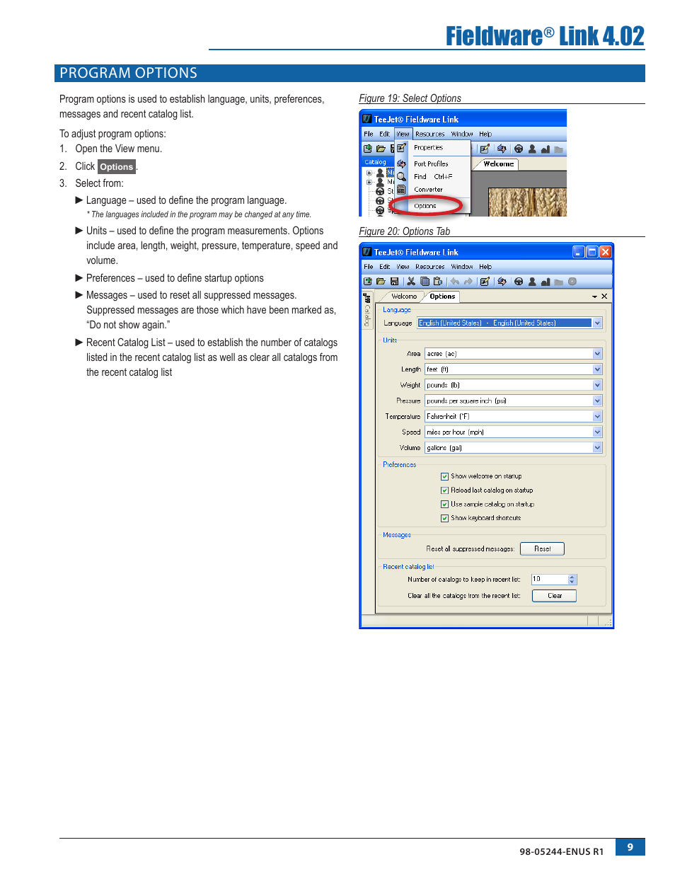 Program options, Fieldware, Link 4.02 | TeeJet Fieldware Link User Manual | Page 13 / 36