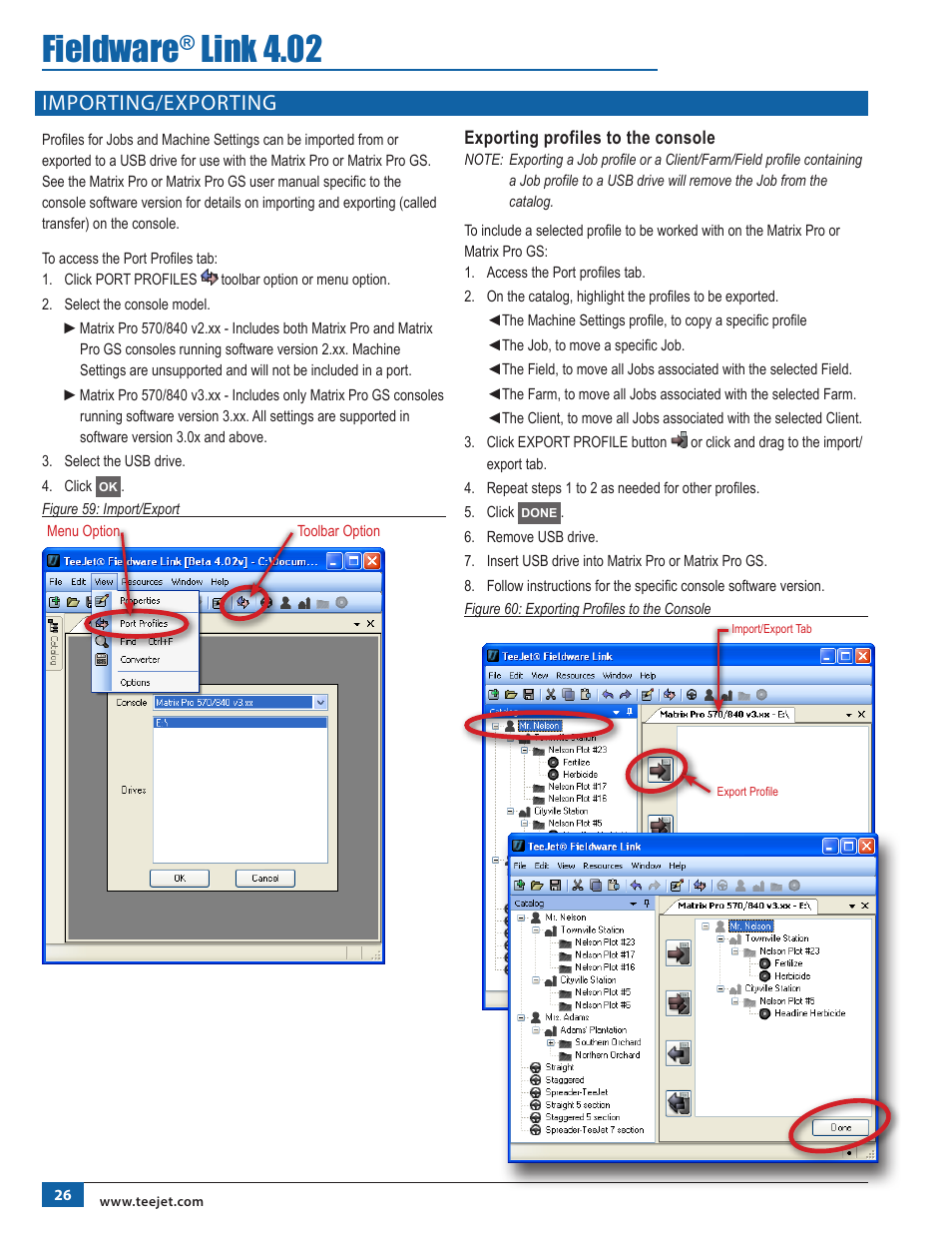 Importing/exporting, Exporting profiles to the console, Importing/exporting 26 | Fieldware, Link 4.02 | TeeJet Fieldware Link User Manual | Page 30 / 36