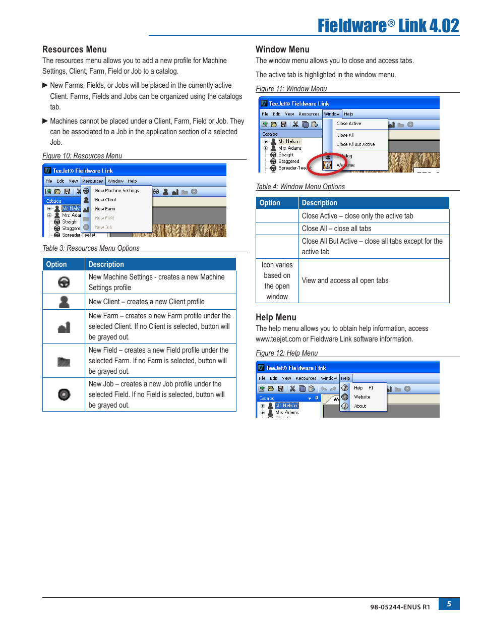 Resources menu, Window menu, Help menu | Resources menu window menu help menu, Fieldware, Link 4.02 | TeeJet Fieldware Link User Manual | Page 9 / 36
