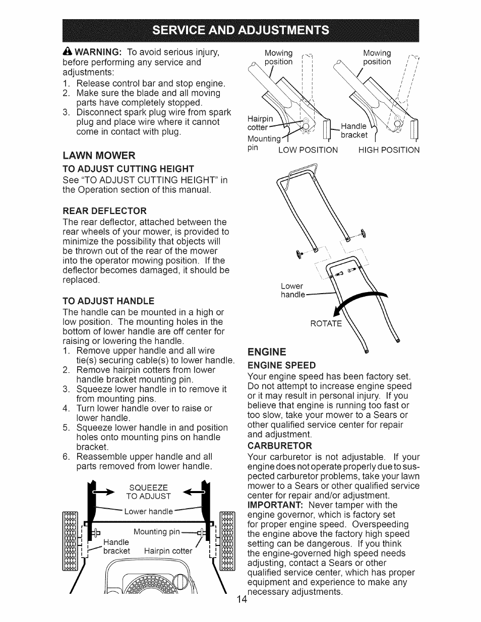 Service and adjustments, Lawn mower to adjust cutting height, Rear deflector | To adjust handle, Engine speed, Carburetor, Service and adjustments a | Craftsman 917.388201 User Manual | Page 14 / 44