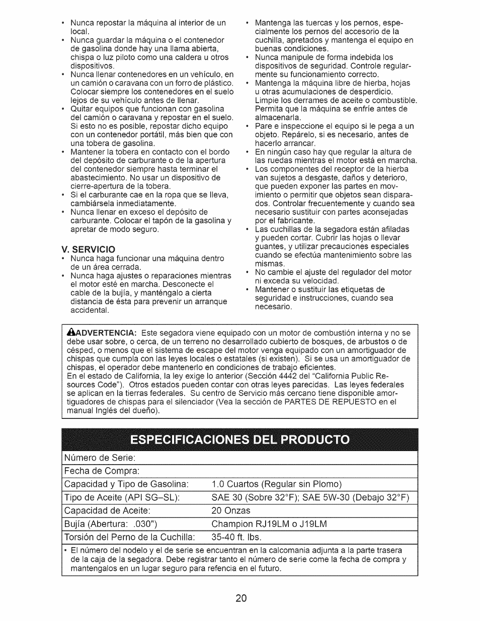 Servicio, Especificaciones del producto | Craftsman 917.388201 User Manual | Page 20 / 44