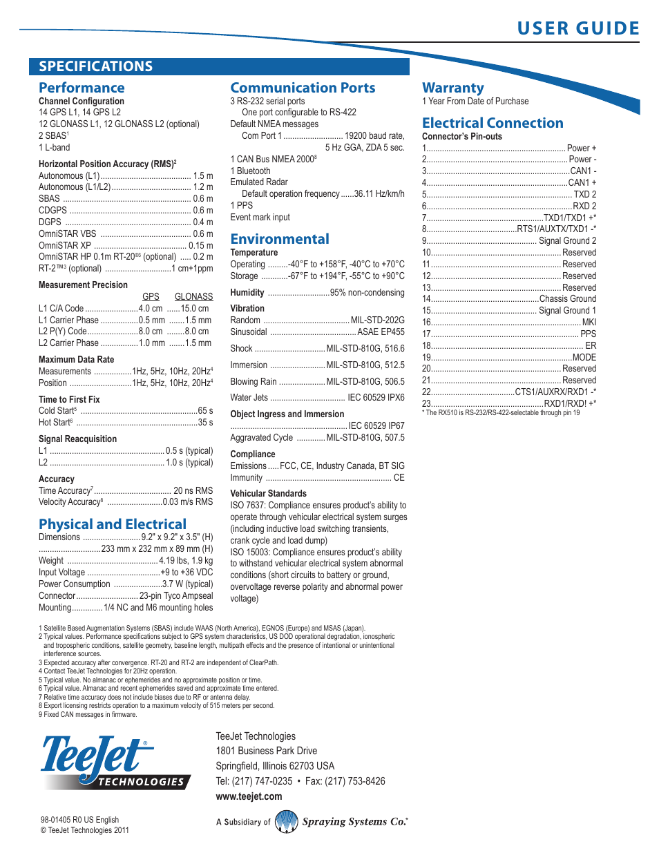 User guide, Performance, Physical and electrical | Communication ports, Environmental, Warranty, Electrical connection, Specifications | TeeJet RX510 User Manual | Page 3 / 3