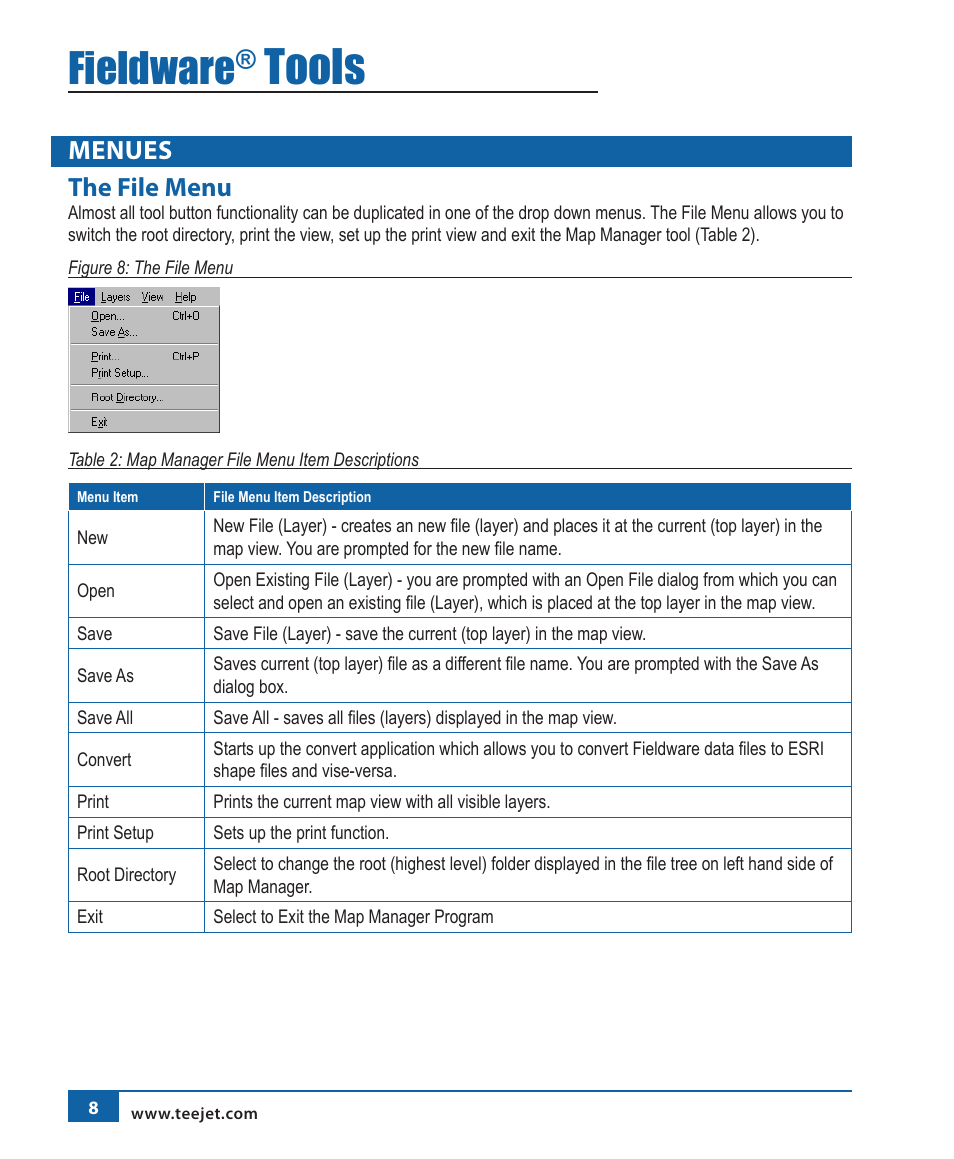 Tools, Fieldware, Menues the file menu | TeeJet Fieldware Tool User Manual | Page 12 / 48