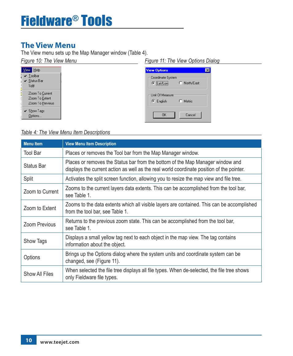 Tools, Fieldware, The view menu | TeeJet Fieldware Tool User Manual | Page 14 / 48
