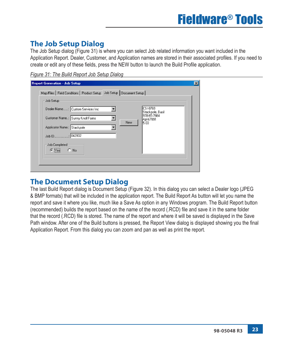 Fieldware, Tools, The job setup dialog | The document setup dialog | TeeJet Fieldware Tool User Manual | Page 27 / 48