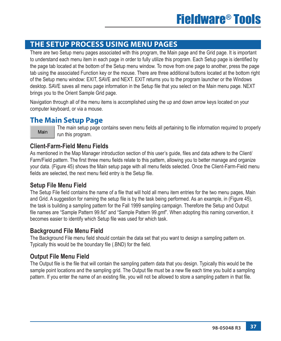 Fieldware, Tools, The setup process using menu pages | The main setup page | TeeJet Fieldware Tool User Manual | Page 41 / 48