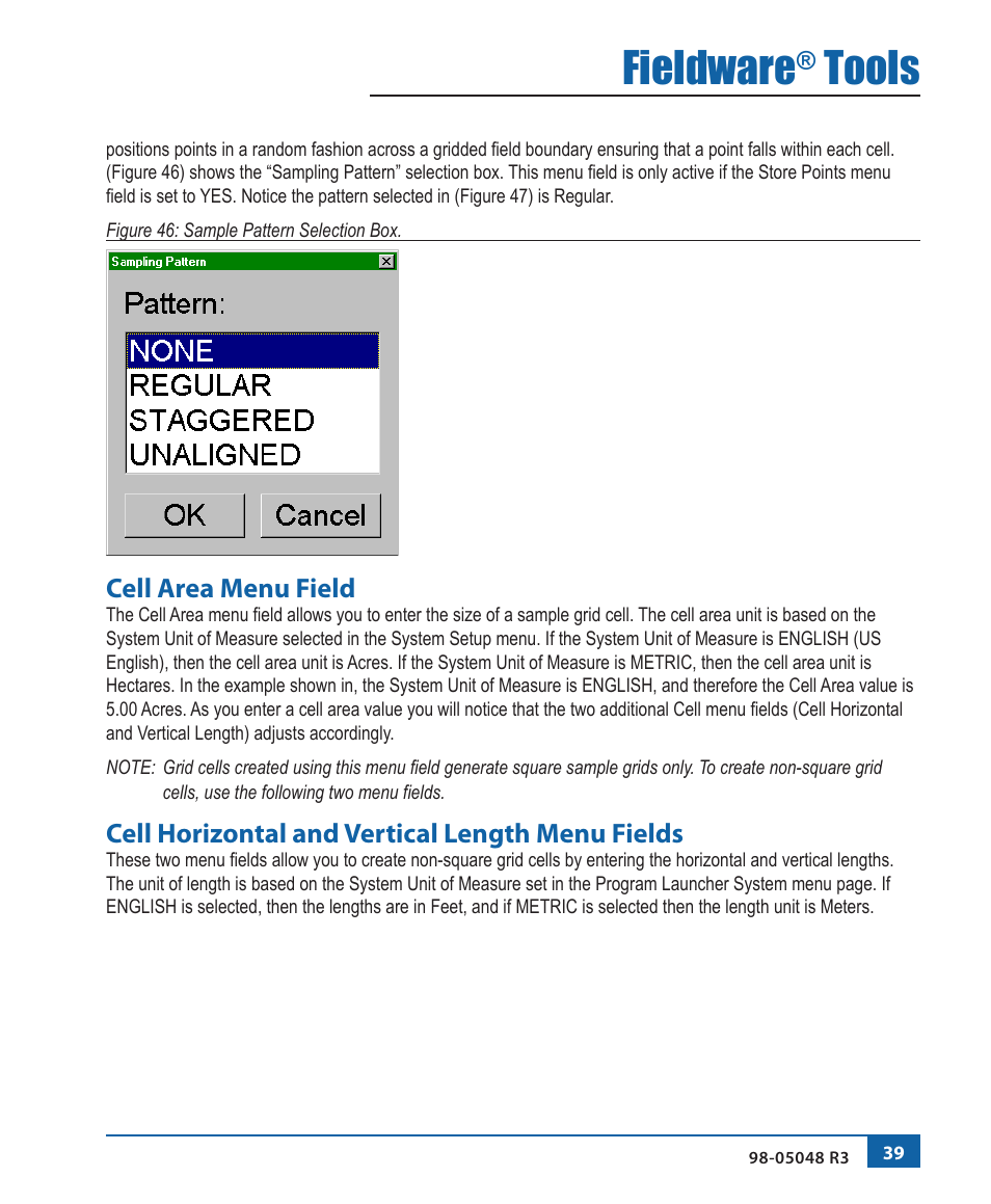 Fieldware, Tools, Cell area menu field | Cell horizontal and vertical length menu fields | TeeJet Fieldware Tool User Manual | Page 43 / 48