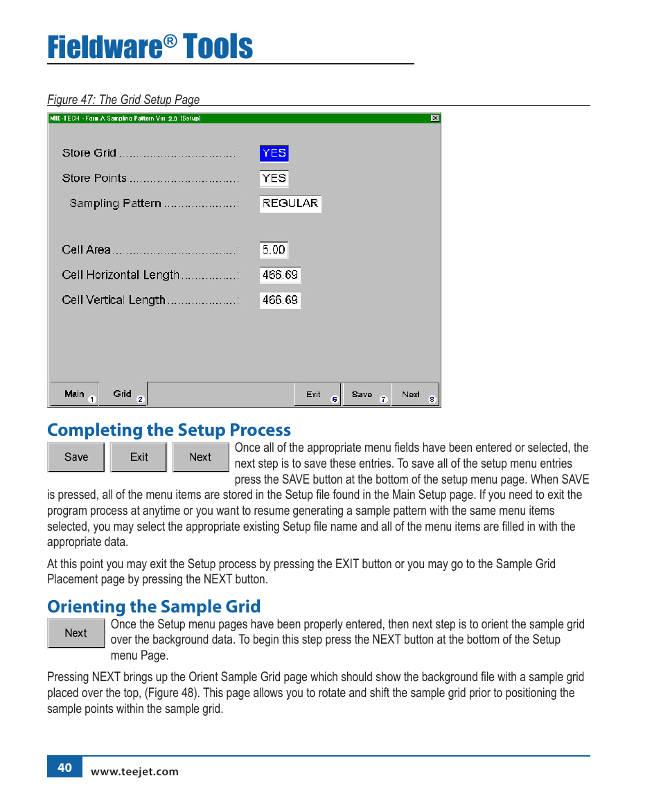 Tools, Fieldware, Completing the setup process | Orienting the sample grid | TeeJet Fieldware Tool User Manual | Page 44 / 48