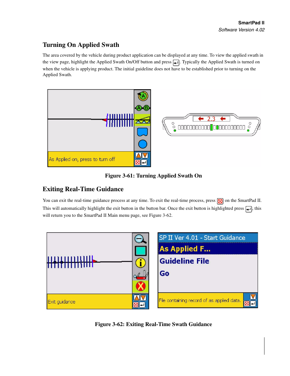 Turning on applied swath, Exiting real-time guidance | TeeJet GuideLine SmartPad II User Manual | Page 101 / 198