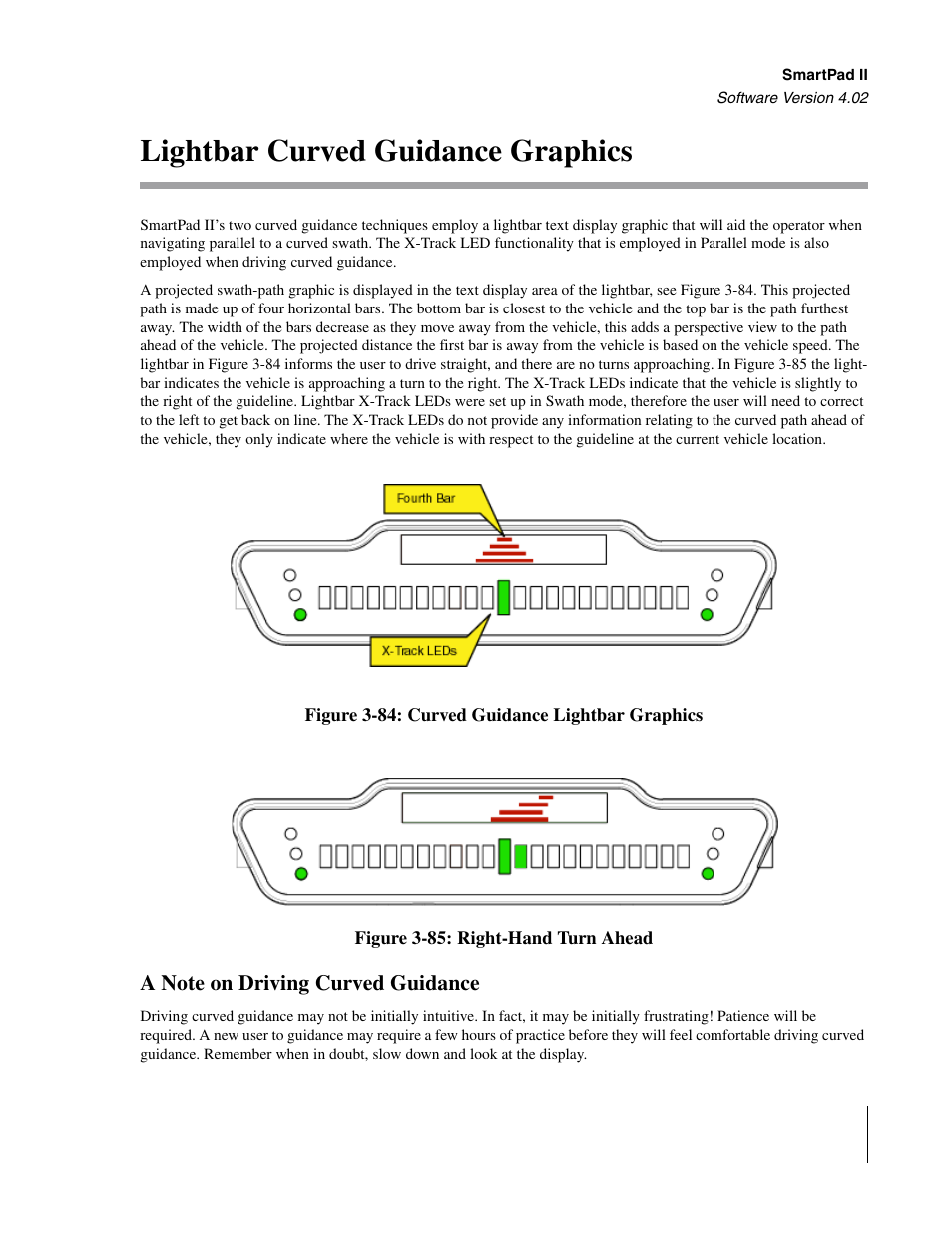 Lightbar curved guidance graphics, A note on driving curved guidance | TeeJet GuideLine SmartPad II User Manual | Page 115 / 198