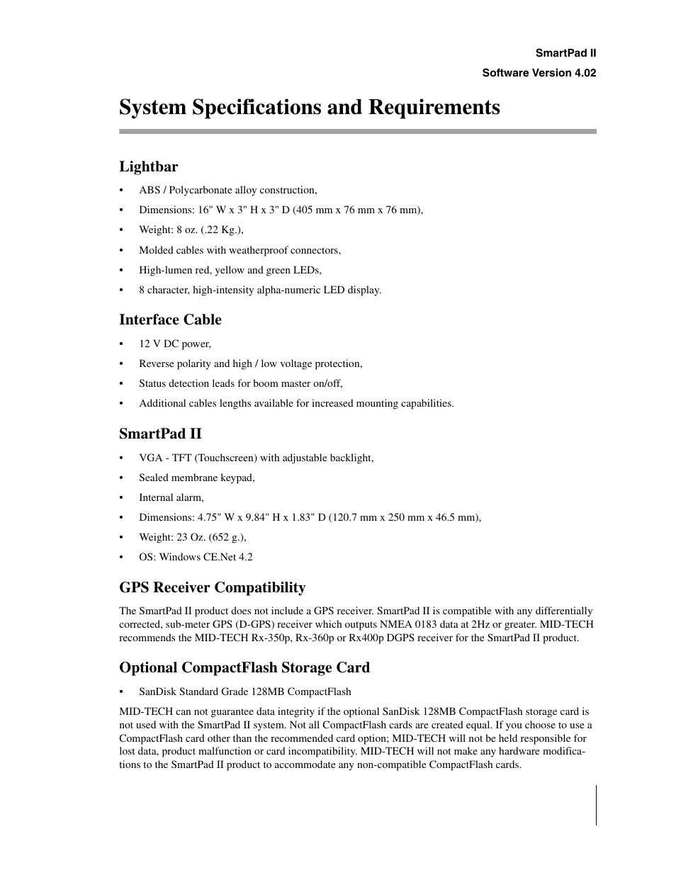 System specifications and requirements, Lightbar, Interface cable | Smartpad ii, Gps receiver compatibility, Optional compactflash storage card | TeeJet GuideLine SmartPad II User Manual | Page 17 / 198