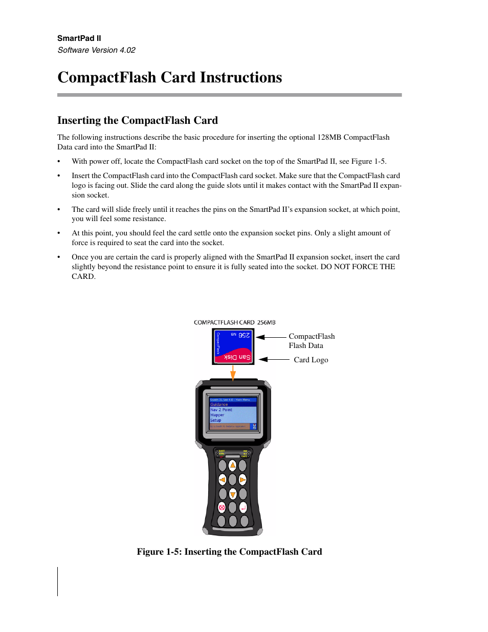 Compactflash card instructions, Inserting the compactflash card | TeeJet GuideLine SmartPad II User Manual | Page 18 / 198