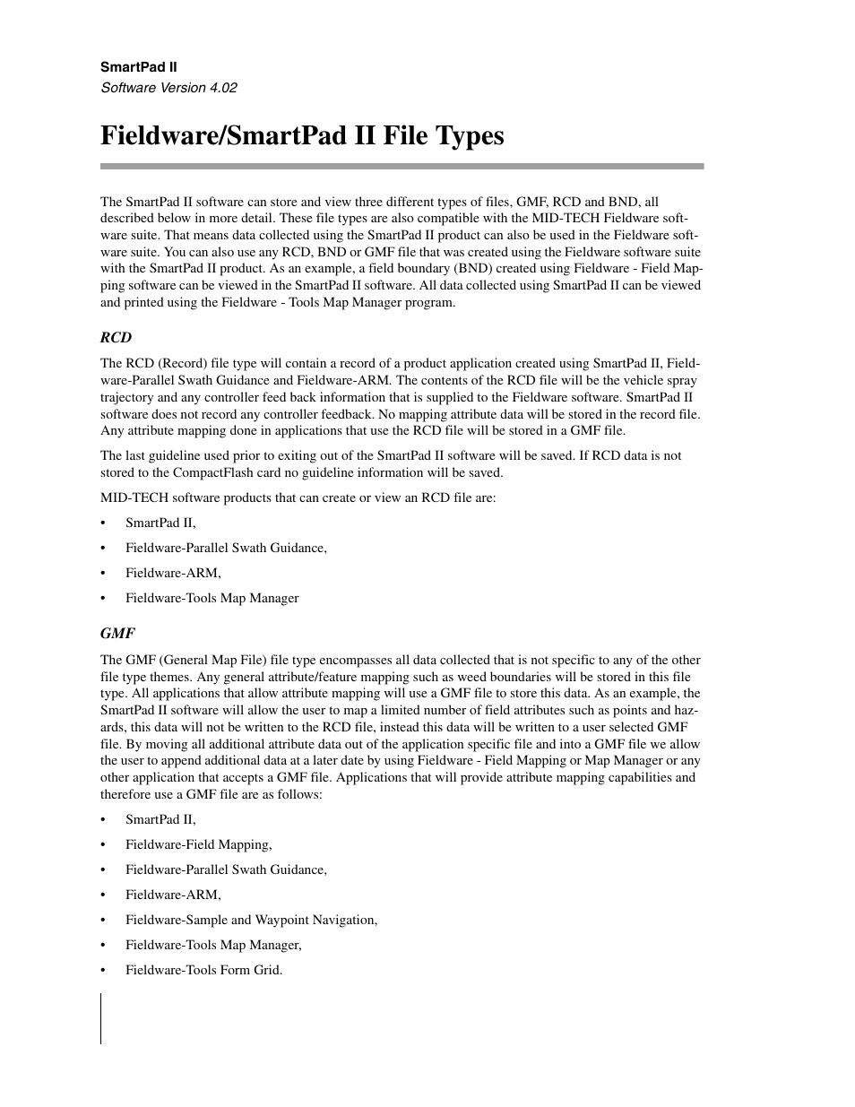 Fieldware/smartpad ii file types, Rcd gmf | TeeJet GuideLine SmartPad II User Manual | Page 20 / 198