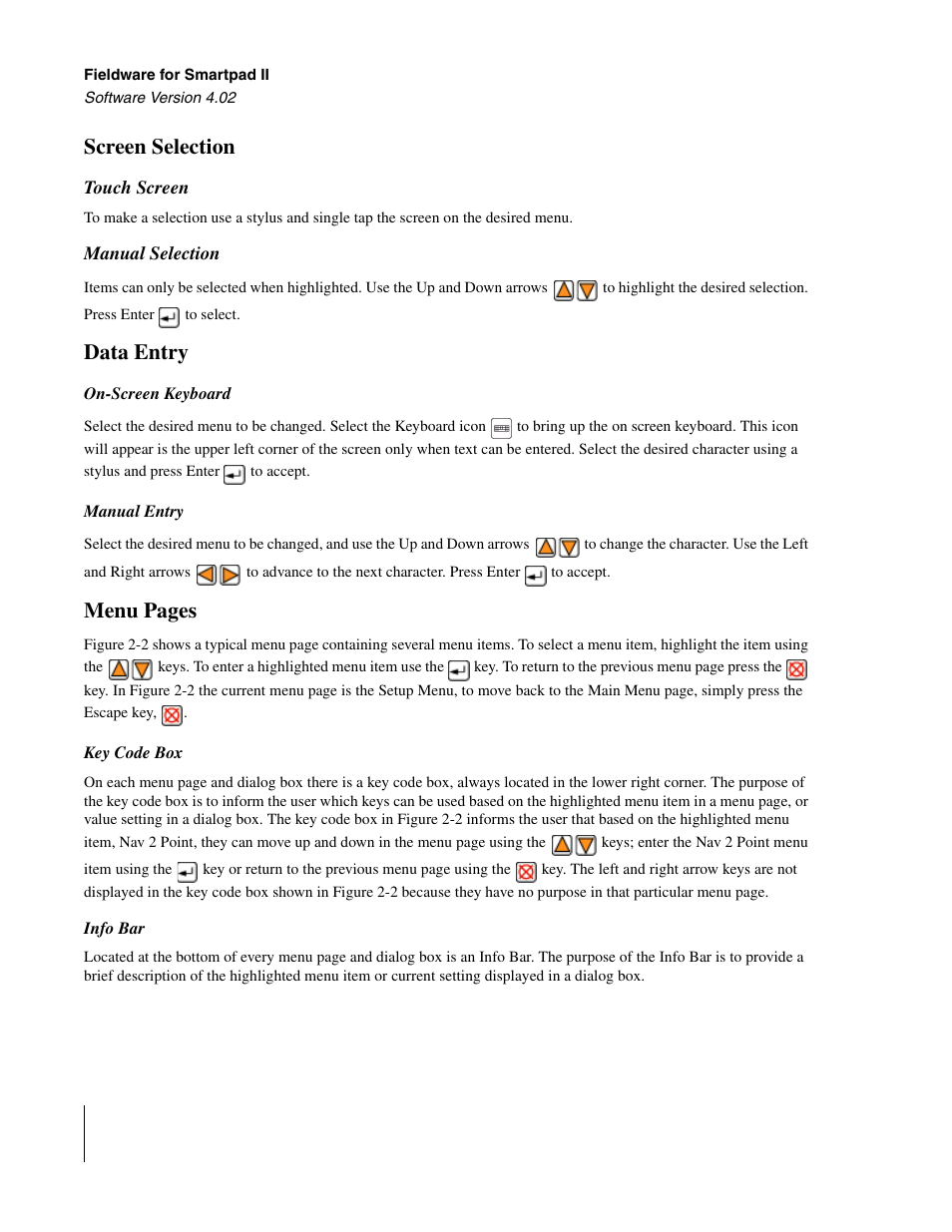 Screen selection, Touch screen, Manual selection | Data entry, On-screen keyboard, Manual entry, Key code box, Info bar, Menu pages | TeeJet GuideLine SmartPad II User Manual | Page 26 / 198