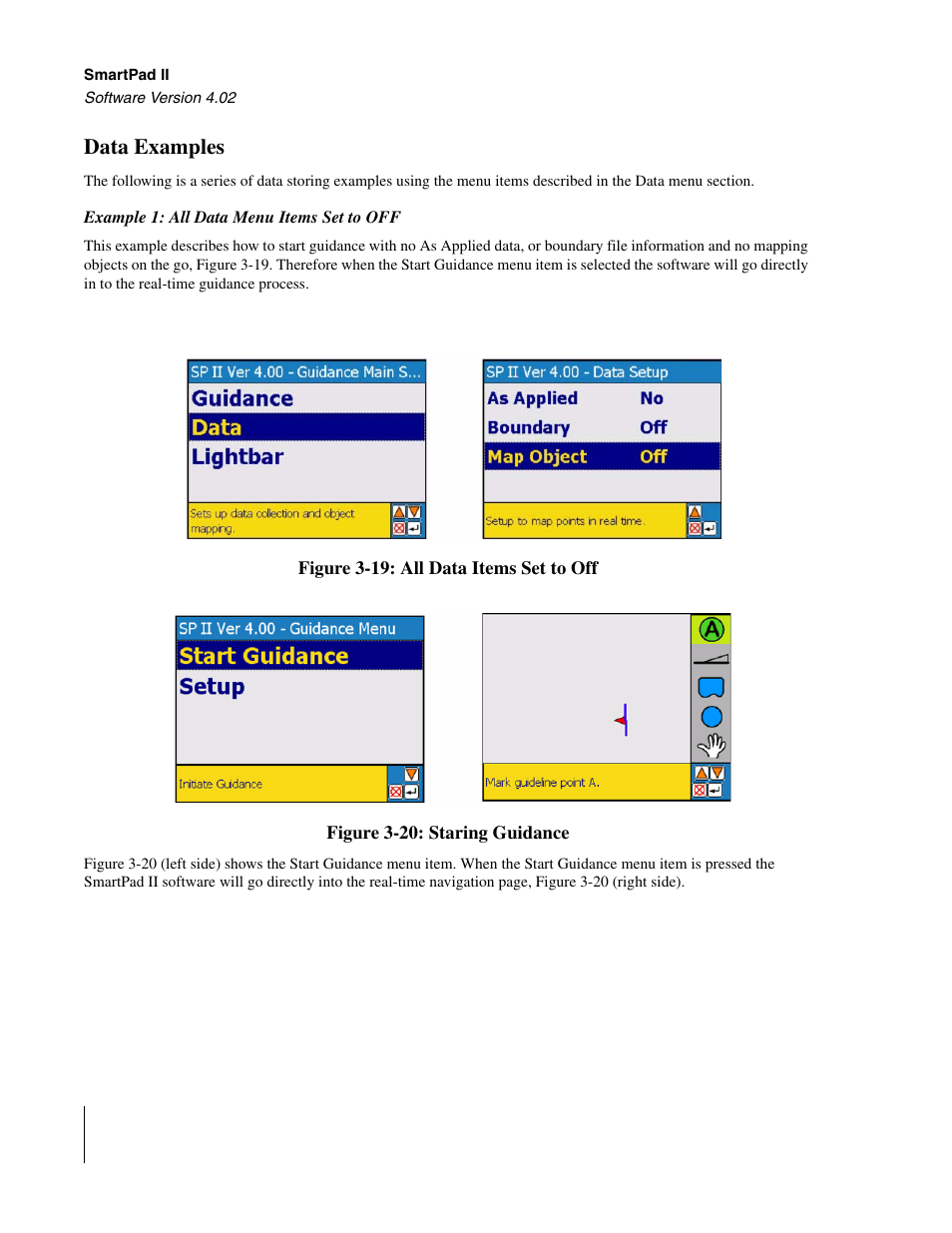 Data examples, Example 1: all data menu items set to off | TeeJet GuideLine SmartPad II User Manual | Page 72 / 198