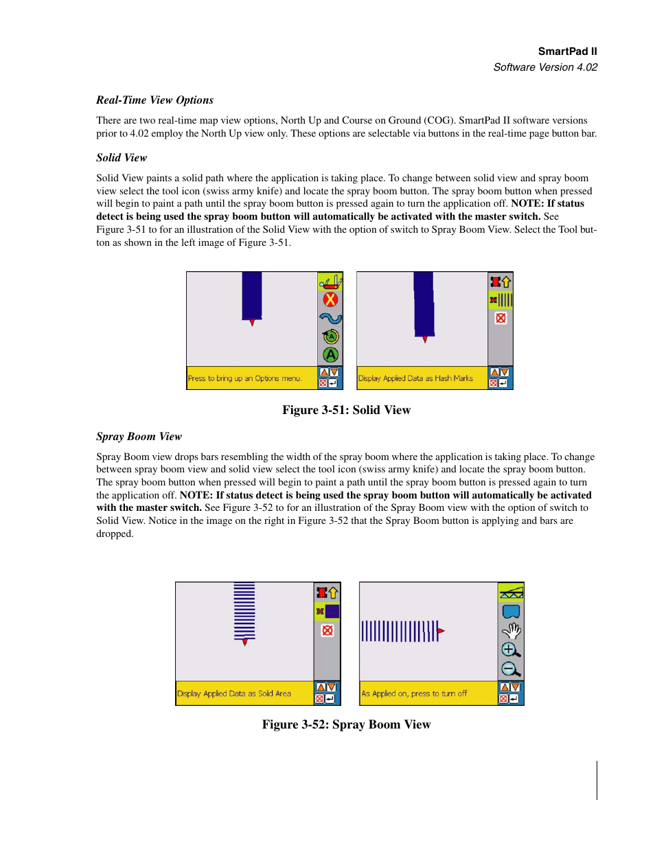 Real-time view options, Solid view, Spray boom view | Real-time view options solid view spray boom view | TeeJet GuideLine SmartPad II User Manual | Page 95 / 198