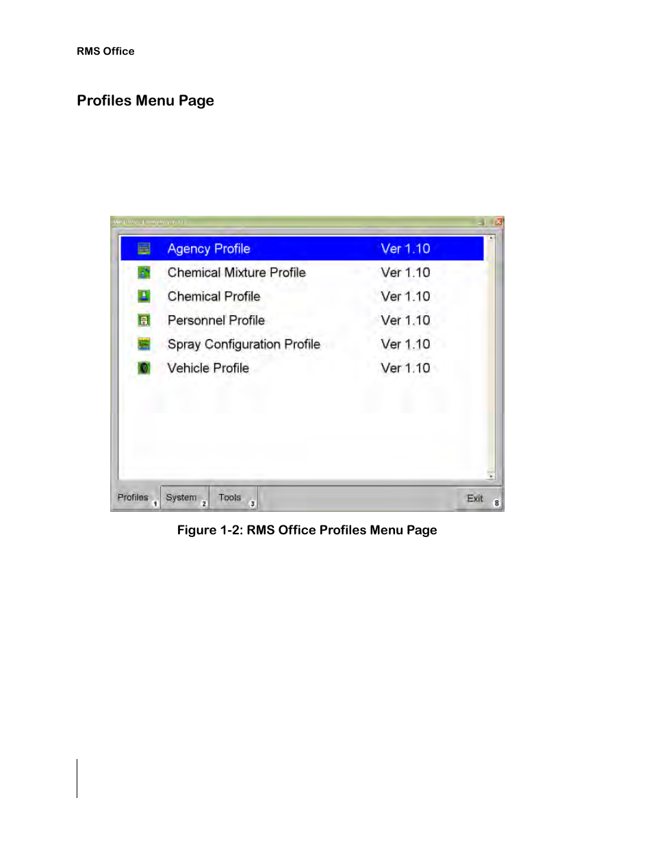 Profiles menu page | TeeJet RMS Office User Manual | Page 12 / 120