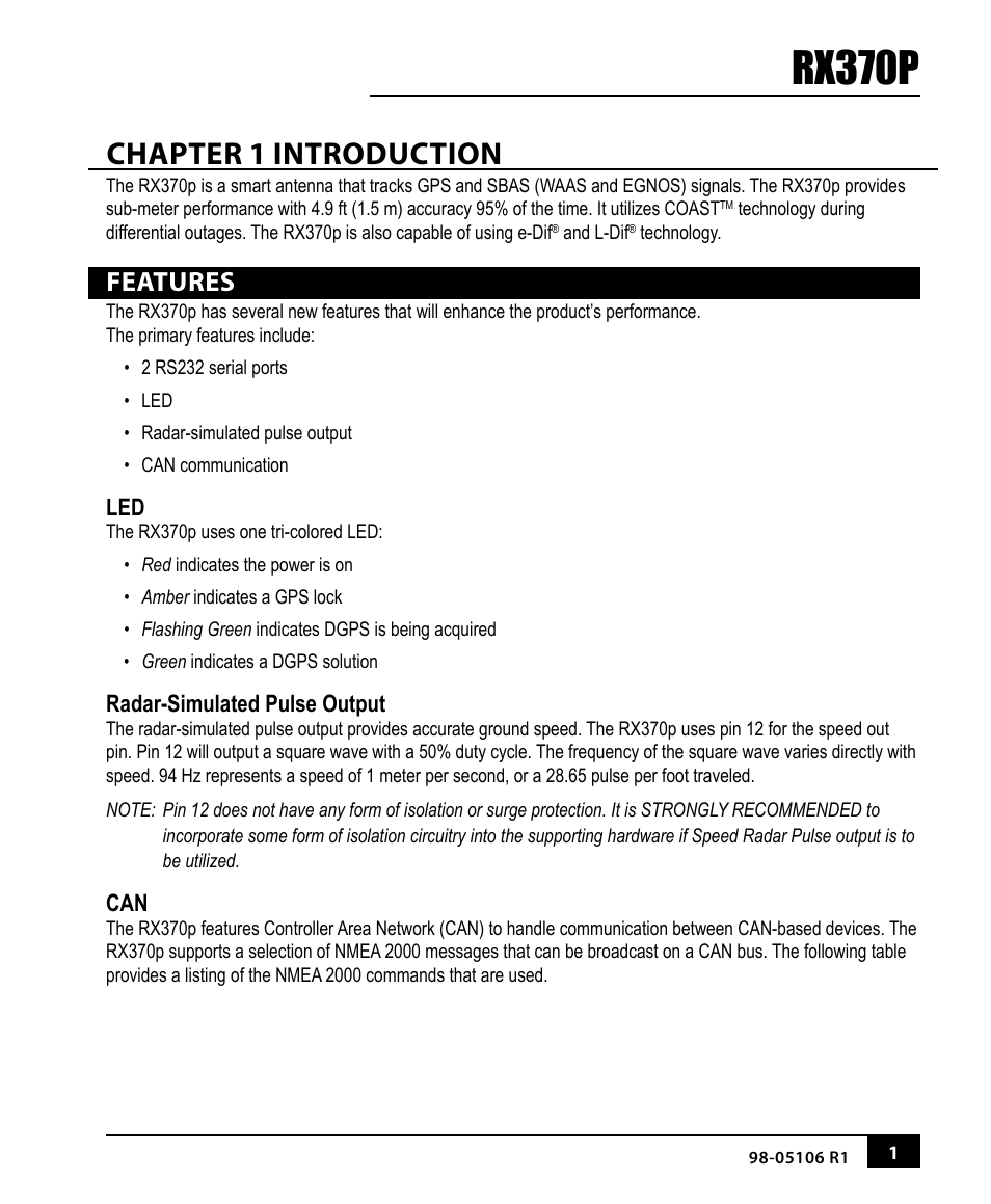 Rx370p, Chapter 1 introduction, Features | TeeJet RX370p User Manual | Page 5 / 24