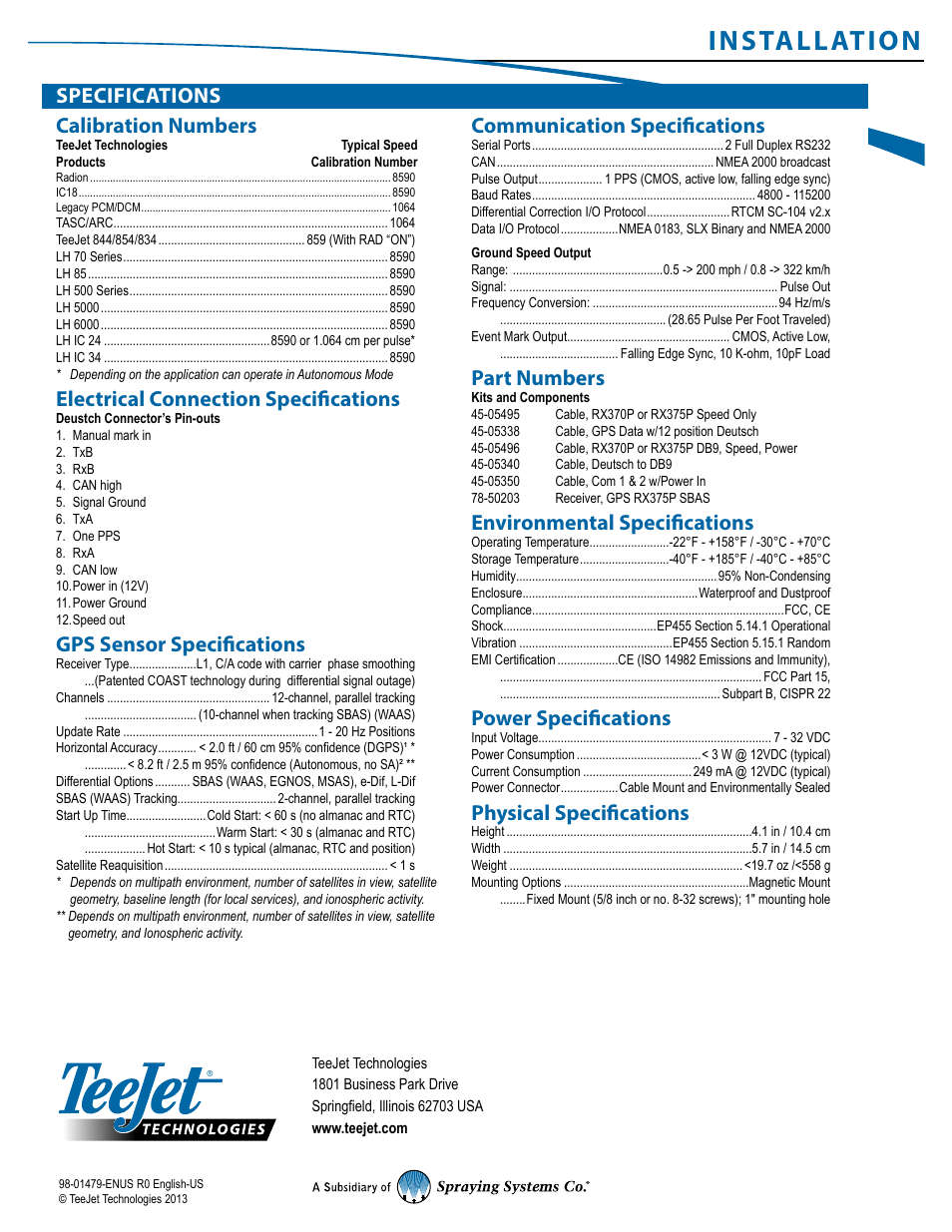 Installation, Specifications calibration numbers, Electrical connection specifications | Gps sensor specifications, Communication specifications, Part numbers, Environmental specifications, Power specifications, Physical specifications | TeeJet RX375P Receiver User Manual | Page 2 / 2