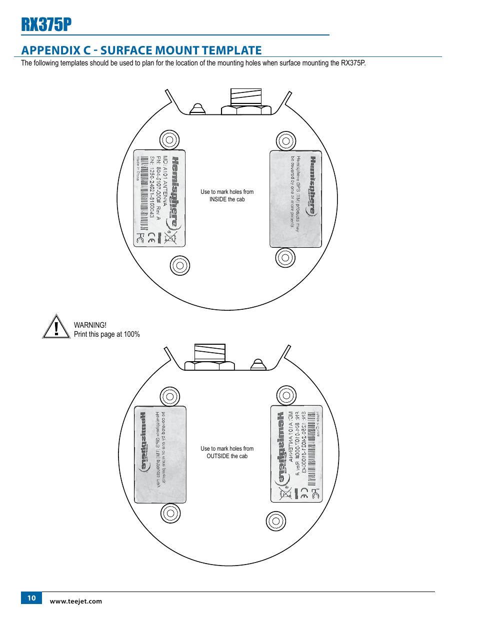 Appendix c - surface mount template, Rx375p | TeeJet RX375P Receiver User Manual | Page 12 / 16