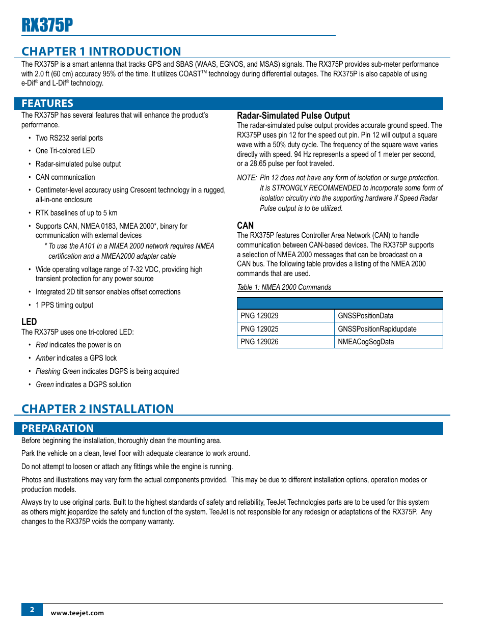 Chapter 1 introduction, Features, Radar-simulated pulse output | Features 2, Rx375p, Chapter 2 installation, Preparation | TeeJet RX375P Receiver User Manual | Page 4 / 16