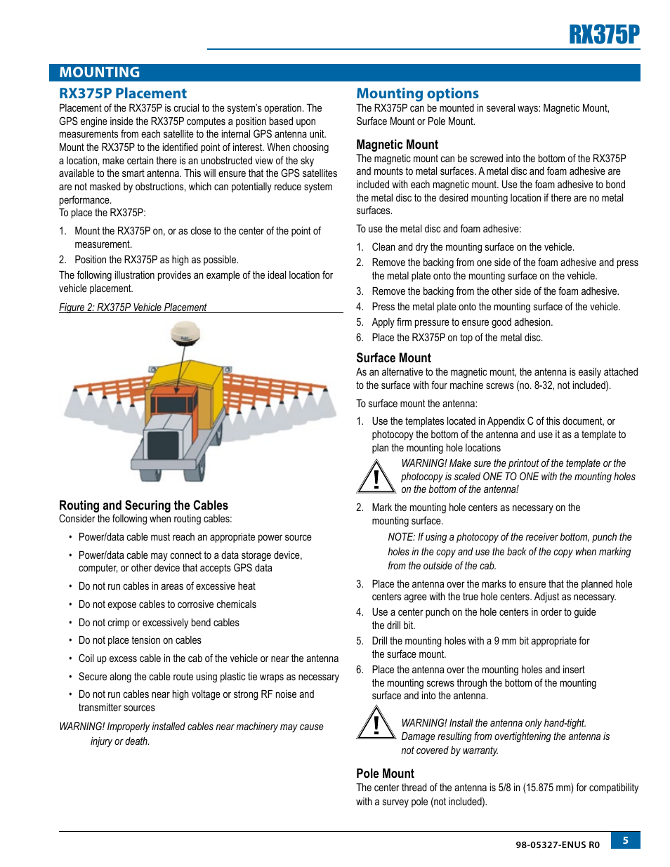Rx375p placement, Routing and securing the cables, Mounting options | Magnetic mount, Surface mount, Pole mount, Rx375p, Mounting rx375p placement | TeeJet RX375P Receiver User Manual | Page 7 / 16