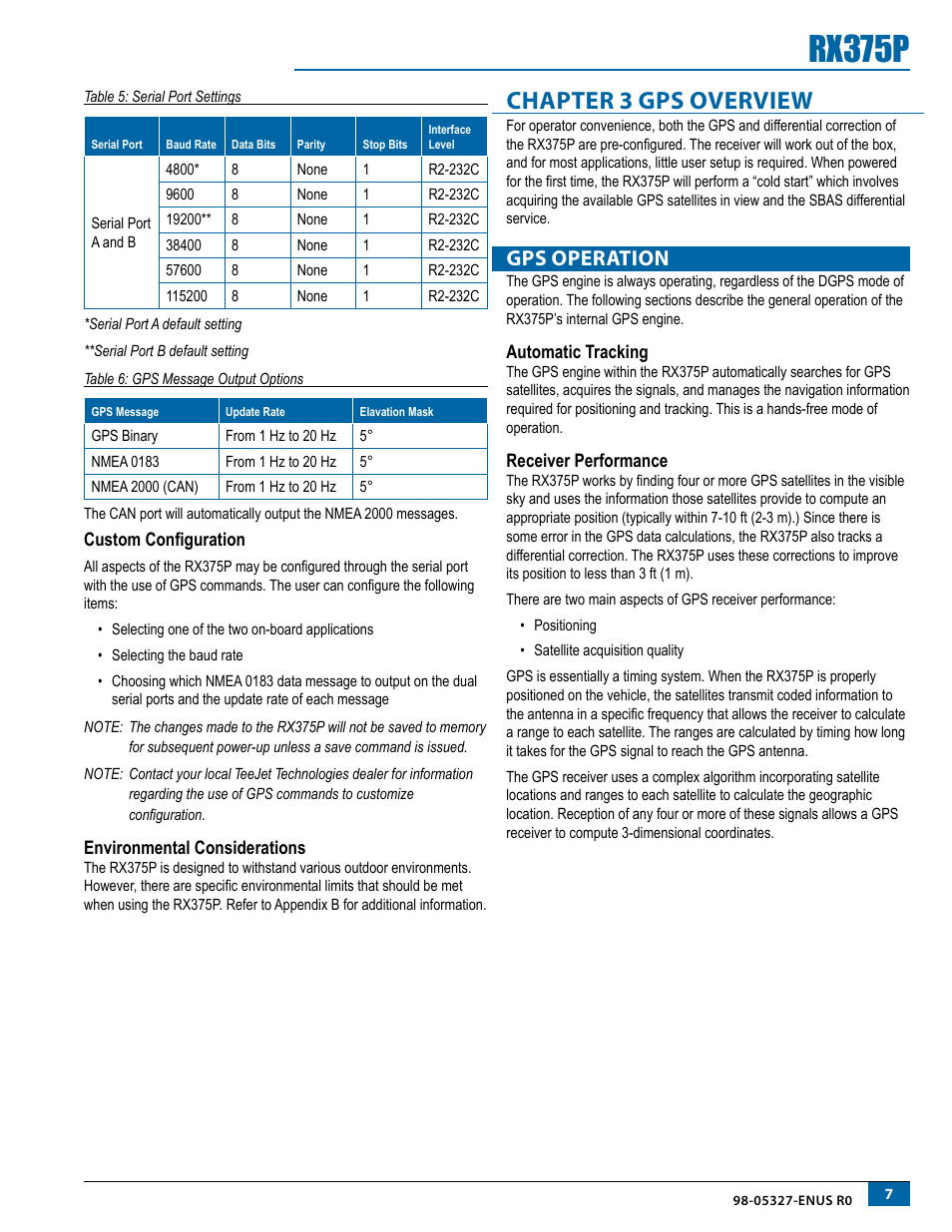 Environmental considerations, Chapter 3 gps overview, Gps operation | Automatic tracking, Receiver performance, Rx375p | TeeJet RX375P Receiver User Manual | Page 9 / 16