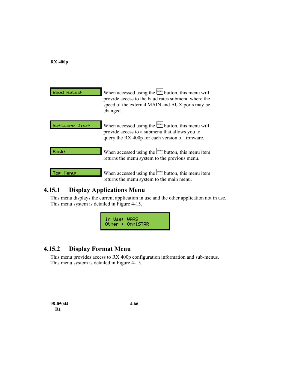 1 display applications menu, 2 display format menu | TeeJet RX 400p User Manual | Page 108 / 151