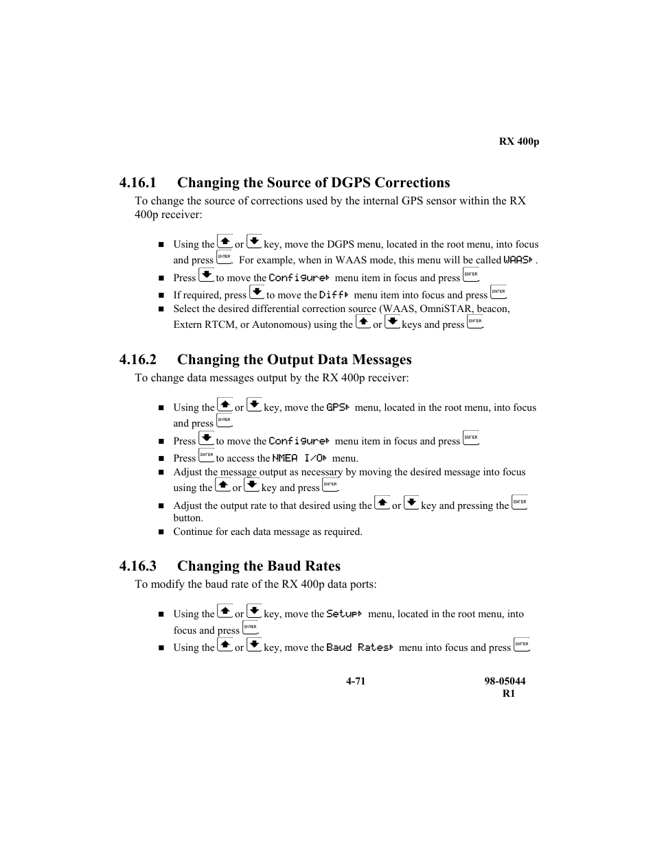 1 changing the source of dgps corrections, 2 changing the output data messages, 3 changing the baud rates | TeeJet RX 400p User Manual | Page 113 / 151