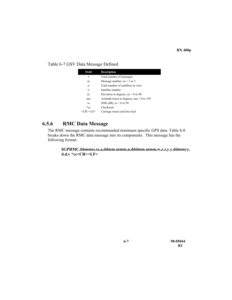 6 rmc data message, Table 6-7 gsv data message defined | TeeJet RX 400p User Manual | Page 129 / 151