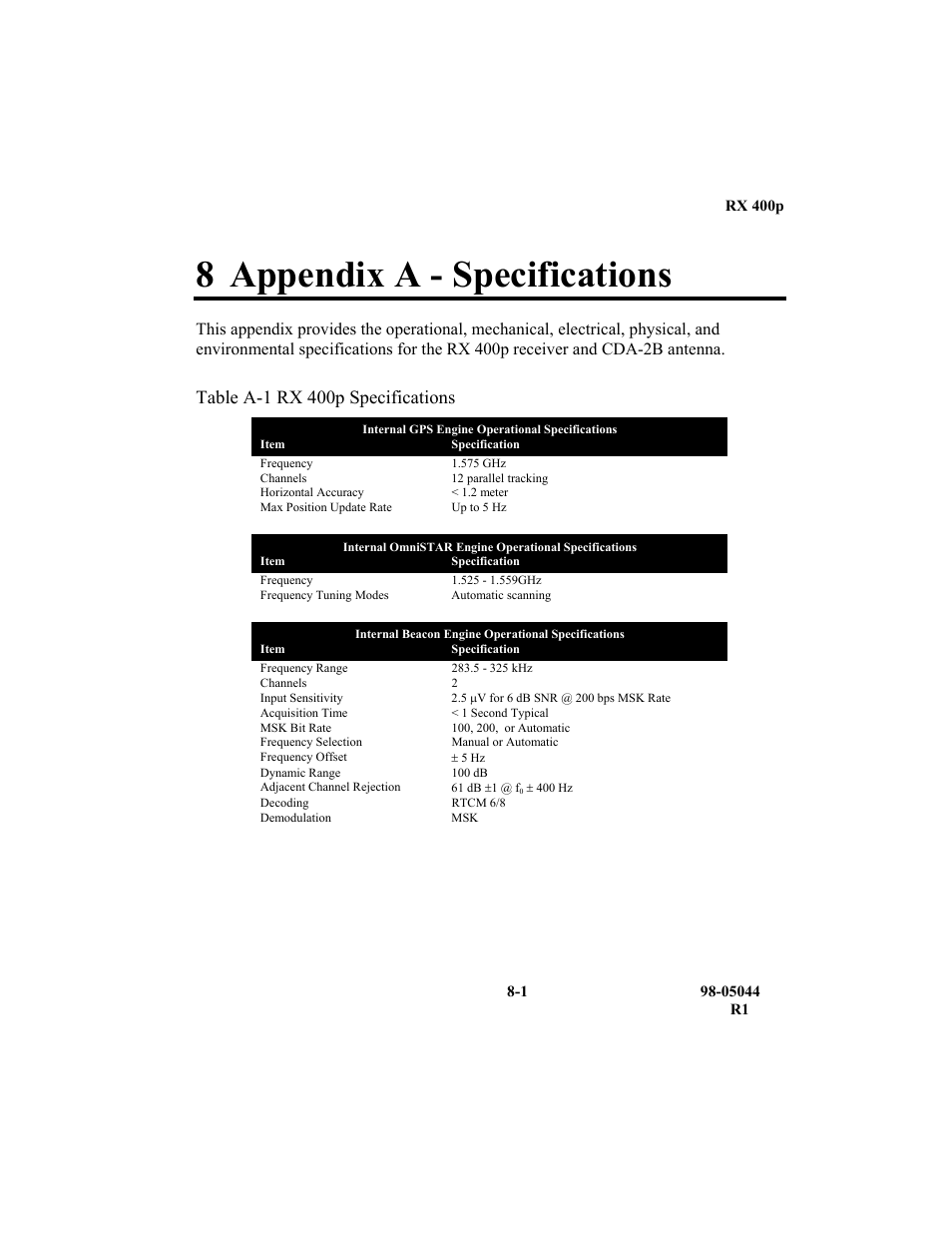 8 appendix a - specifications, Table a-1 rx 400p specifications | TeeJet RX 400p User Manual | Page 135 / 151