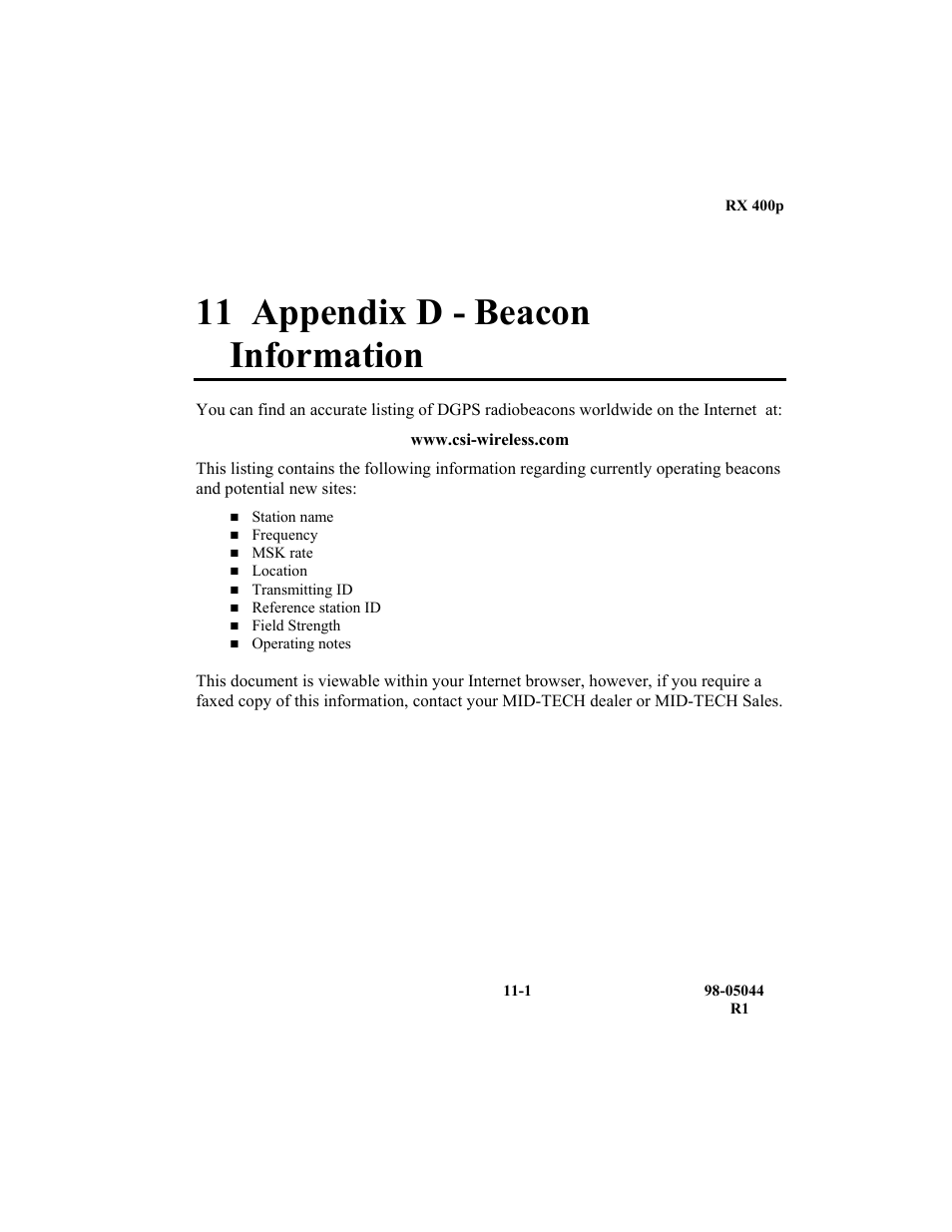 11 appendix d - beacon information | TeeJet RX 400p User Manual | Page 147 / 151