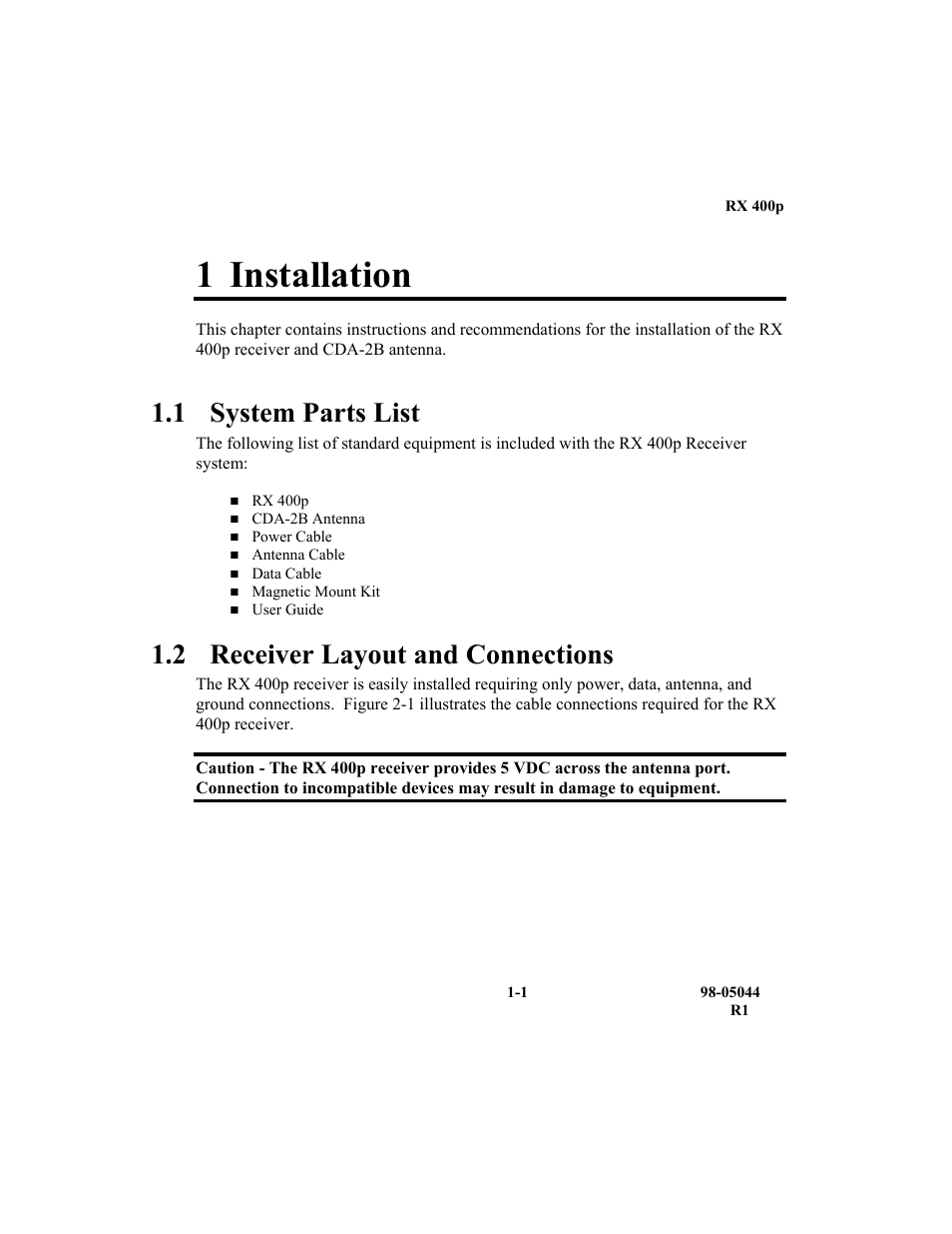 1 installation, 1 system parts list, 2 receiver layout and connections | TeeJet RX 400p User Manual | Page 21 / 151