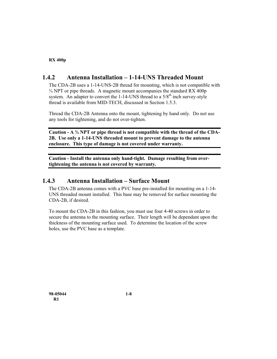 2 antenna installation – 1-14-uns threaded mount, 3 antenna installation – surface mount | TeeJet RX 400p User Manual | Page 28 / 151
