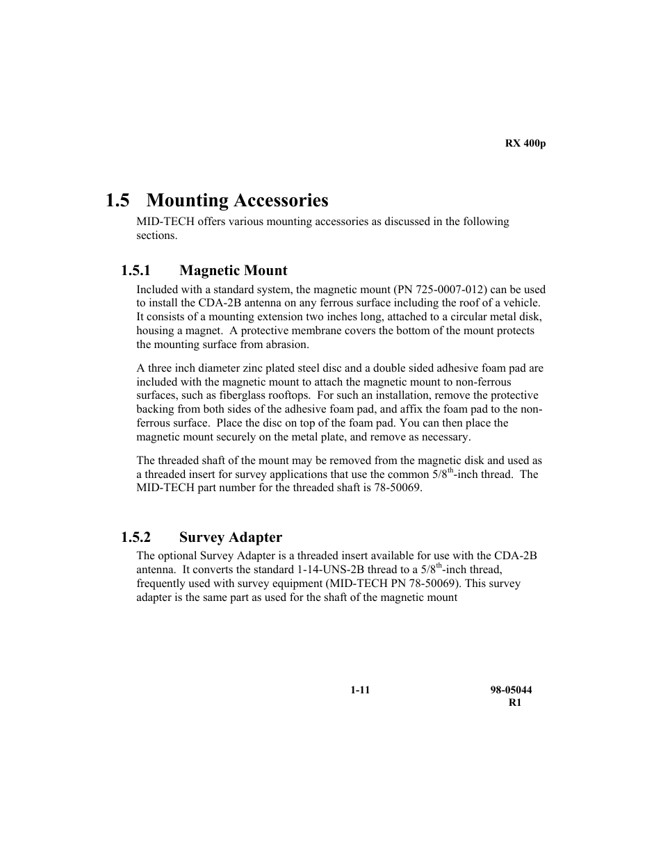 5 mounting accessories, 1 magnetic mount, 2 survey adapter | TeeJet RX 400p User Manual | Page 31 / 151