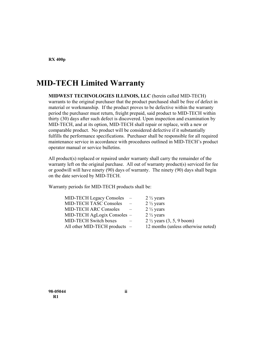 Mid-tech limited warranty | TeeJet RX 400p User Manual | Page 4 / 151