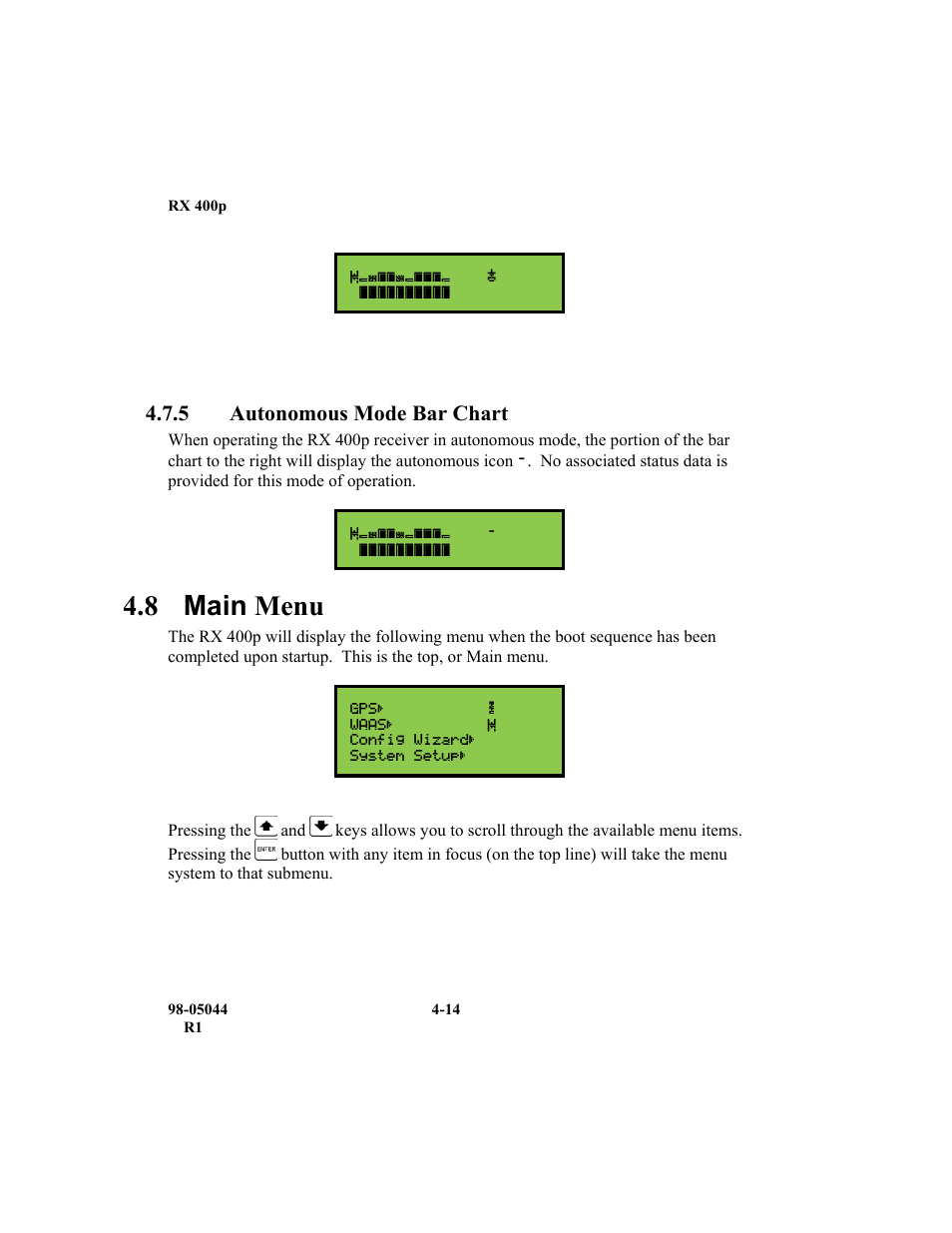 8 main menu, 5 autonomous mode bar chart | TeeJet RX 400p User Manual | Page 56 / 151