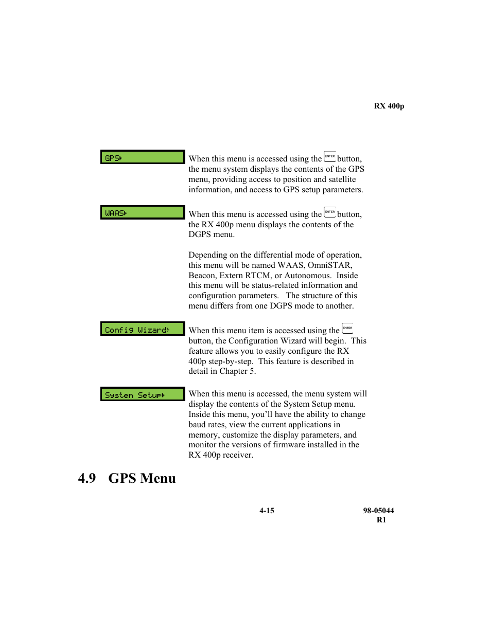 9 gps menu | TeeJet RX 400p User Manual | Page 57 / 151