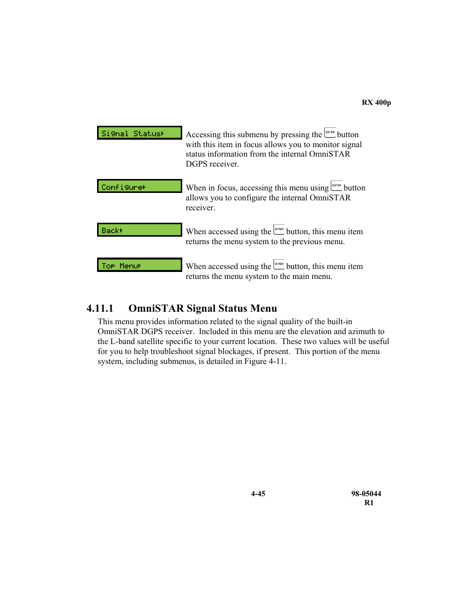 1 omnistar signal status menu | TeeJet RX 400p User Manual | Page 87 / 151