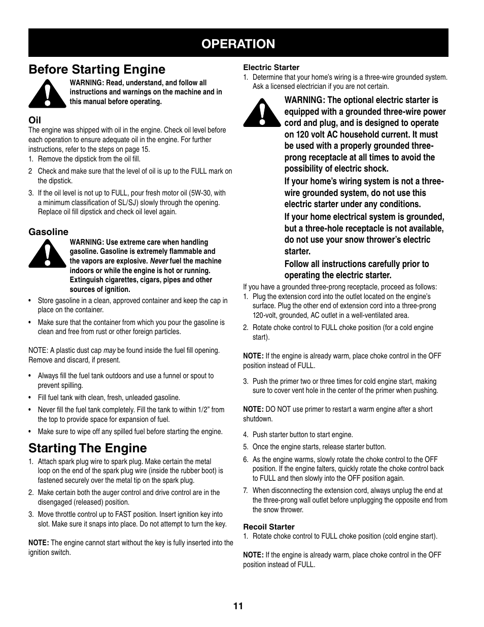 Operation before starting engine, Starting the engine | Craftsman 247.8879 User Manual | Page 11 / 60