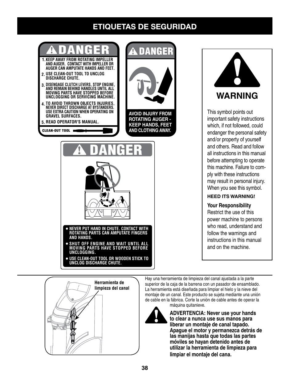 Warning, Etiquetas de seguridad | Craftsman 247.8879 User Manual | Page 38 / 60