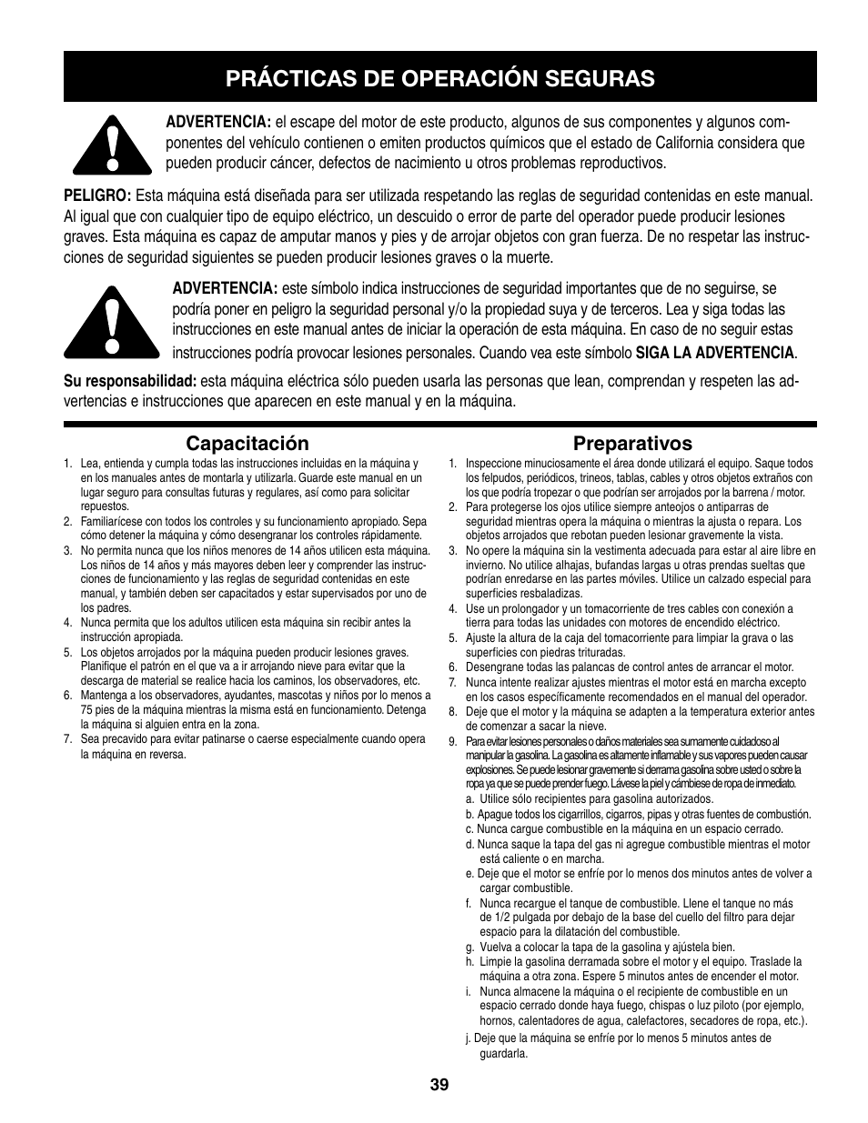 Prácticas de operación seguras, Capacitación, Preparativos | Craftsman 247.8879 User Manual | Page 39 / 60