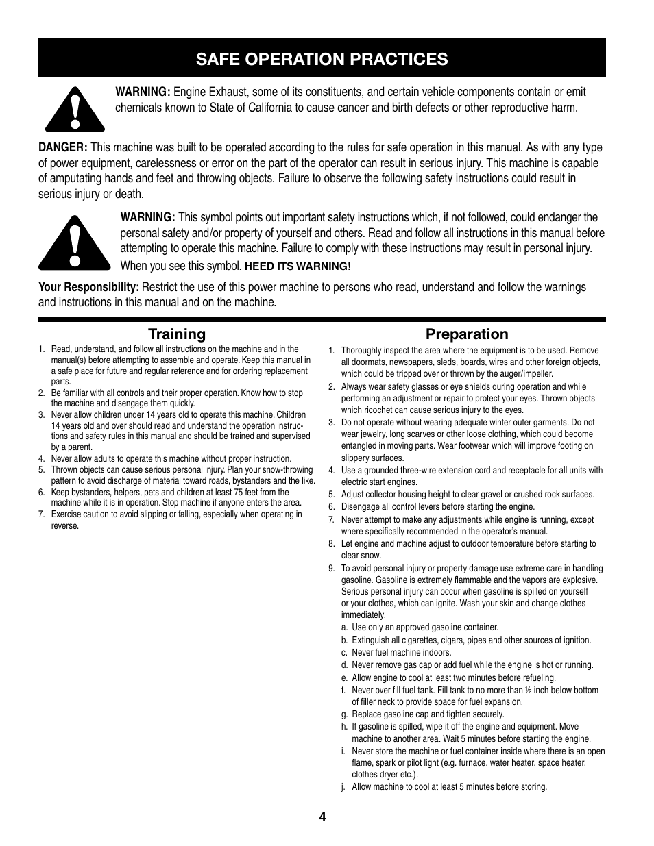 Safe operation practices, Training, Preparation | Craftsman 247.8879 User Manual | Page 4 / 60