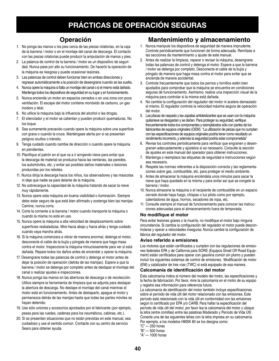 Prácticas de operación seguras, Operación, Mantenimiento y almacenamiento | Craftsman 247.8879 User Manual | Page 40 / 60