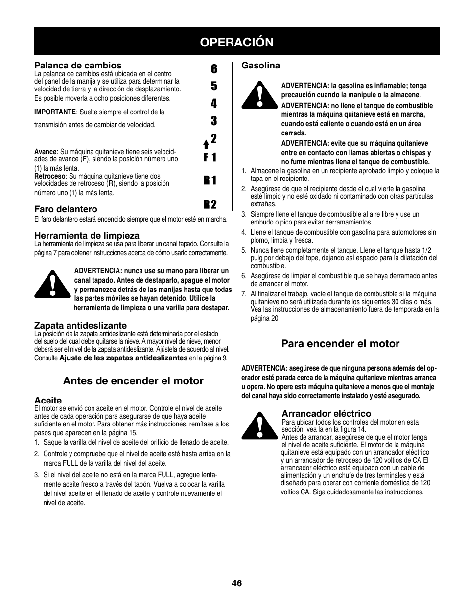 Operación, Antes de encender el motor, Para encender el motor | Craftsman 247.8879 User Manual | Page 46 / 60