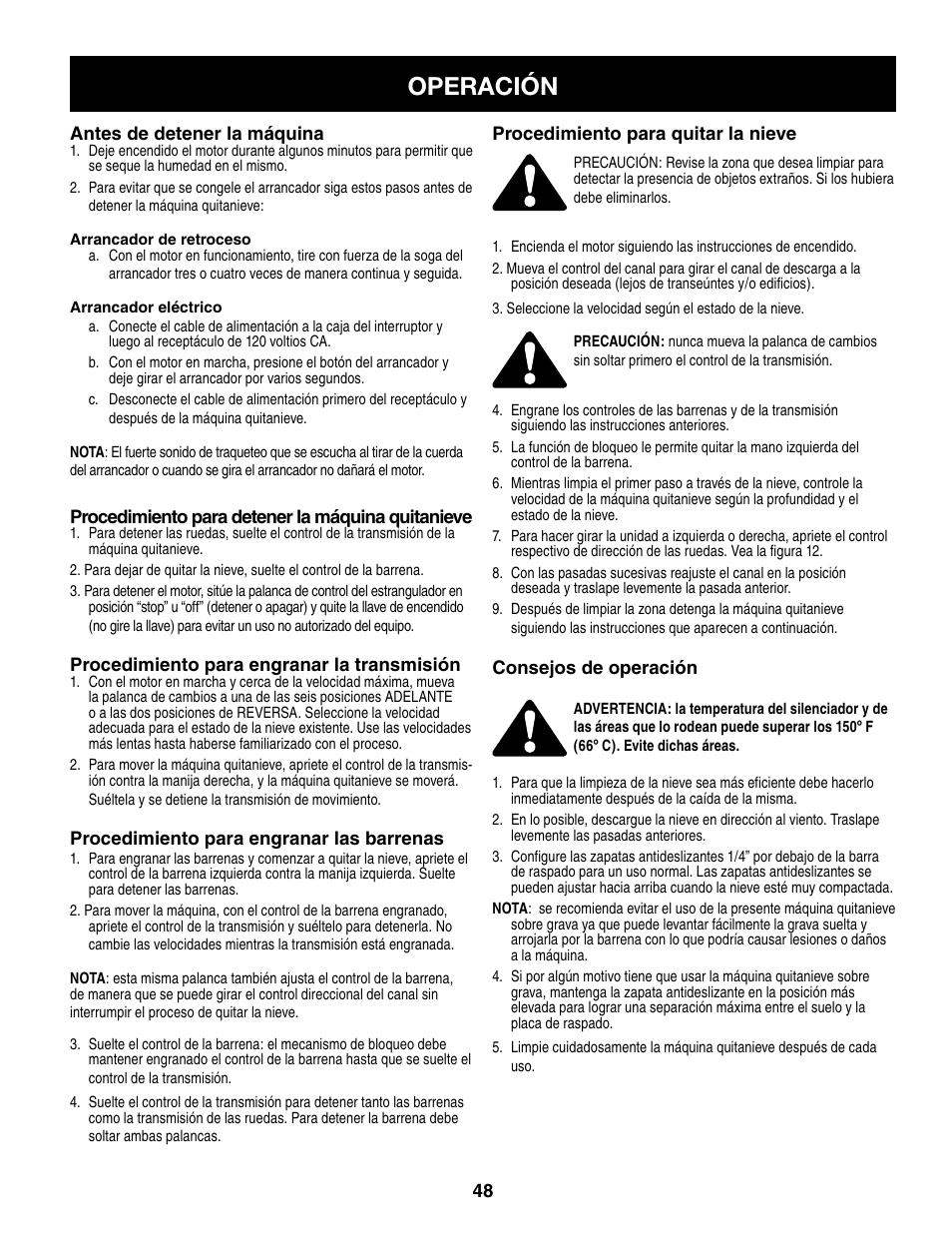 Operación | Craftsman 247.8879 User Manual | Page 48 / 60